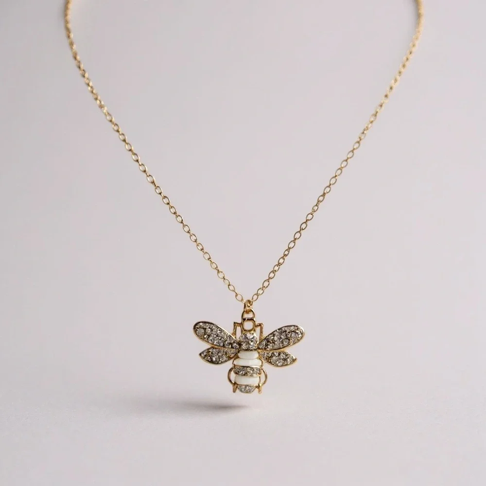 Vintage Bee Pendant  Gold and White Pendant Necklace - Picture 3 of 6